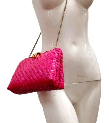 Bolso de Hombro Bandolera Vintage Nueva Ola Elegante Fucsia Mimbre Acentos Dorados Foto 1 de 4