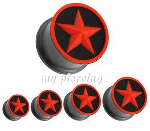 PAIR Red Star In Black Flexible Silicone Double Flared Ear Plugs 2G to 5/8" - Picture 1 of 1