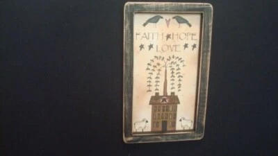 Prim Country Print *FAITH-HOPE-LOVE with sheep*  black frame 6 1/2" x 10 1/2"  - Image 1 of 2