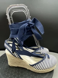 Silk Assets  Shoes Womens Size 7 W Blue Navy Stripe Wedge Ankle Wrap  Espadrille - Picture 1 of 15