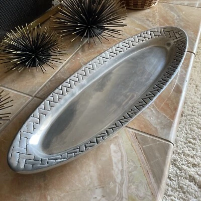 Pewter Serving Platter 21x7.5 w/ Basket Weave Details. Made in Mexico - Image 1 of 4