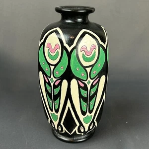 Antik 1923 Jugendstil Keramik amerikanischer Satsuma kräftig schwarz rosa grün 7,5 cm - Bild 1 von 15