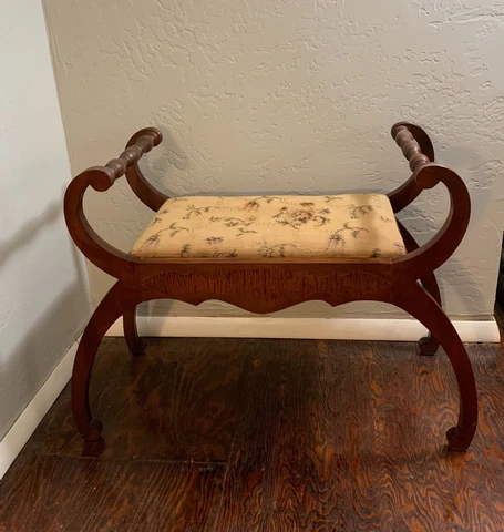 Antique Vintage Wood Curule Bench Vanity Window Entry Seat Needlepoint Cover