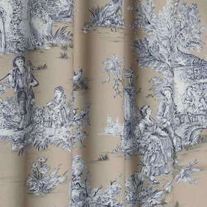 Pastorale Toile De Jouy Blue on Tan 280cm Fabric Cotton French Classic Curtains - Picture 1 of 7