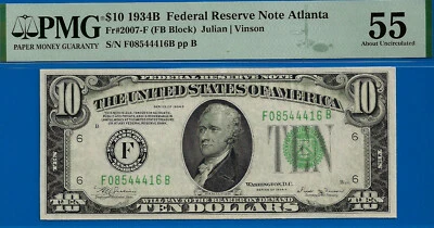 1934B $10 Federal Reserve Note PMG 55 rare 2nd highest graded FB Block Fr 2007-F - Image 1 of 3