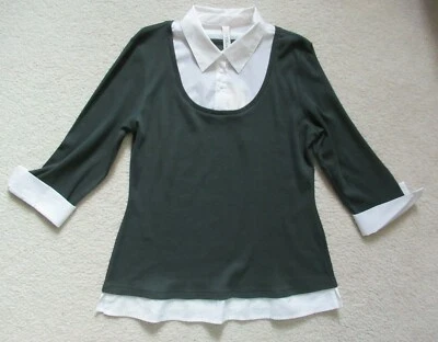 NUEVO CON ETIQUETAS LA Azul Verde Oscuro Acanalado Elastizado Cuello Blanco Elegante Informal Carrera Top XL Foto 1 de 4