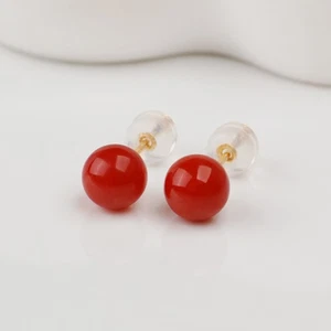 6.4mm Round Red Japanese Aka Coral Stud Earrings 18K Solid Yellow Gold - Picture 1 of 6