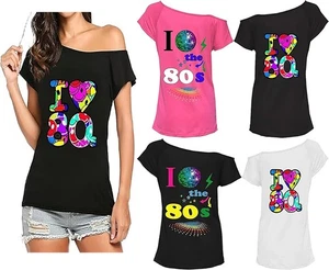 Womens Cap Sleeve I Love The 80s T Shirt Ladies Slash Neck OFF Shoulder Top - Picture 1 of 7