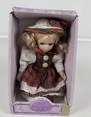 Collectible Porcelain Doll 8" Blonde Blue Eyes Plaid Dress in O-Box DOLGENCORP - Image 1 of 4