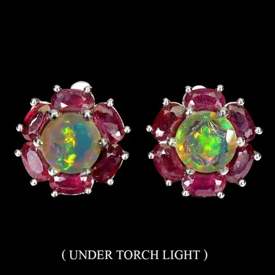 925 Sterling Silver Earrings Round Fire Opal 7mm Ruby Natural Gemstone Jewelry - Image 1 of 4