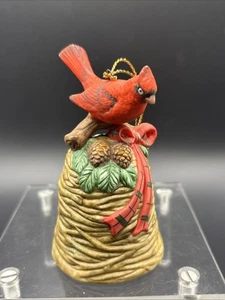 Vintage Enesco Cardinal On Bell Ornament Figurine Glass EUC - Picture 1 of 6