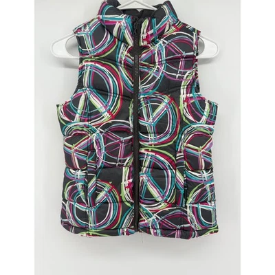 Old Navy Girl's Puffer Vest Size M (8) Peace Sign Print Full Zip Colorful - Image 1 of 4