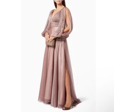 New Mac Duggal Long Sleeve V-neck Chiffon Gown In Size 12 - Image 1 of 4