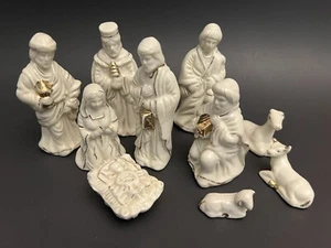 Small 10 Piece Nativity Set Ivory Porcelain w/Gold 4" Tall Figurines - Picture 1 of 7