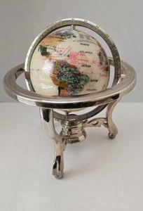 SemiPrecious Gemstone Table Top World Globe With Silver Tone Stand & Compass 12 - Picture 1 of 8