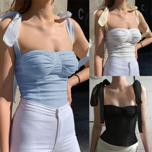 Sexy chaleco sin mangas plisado bustier corte bajo con tiras delgado Cami - Imagen 1 de 27