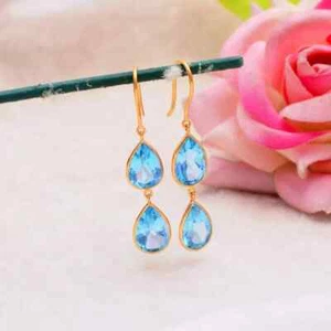 Pendientes colgantes de topacio azul natural de pera de oro amarillo macizo de 18 k de 10,50 quilates - Imagen 1 de 10