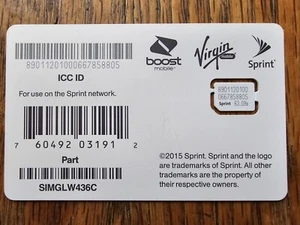 Sprint Sim Card SIMGLW436C Nano-Sim, Brand New and Unused, Boost Virgin Mobile - Zdjęcie 1 z 3