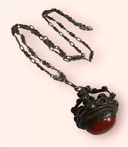 AMAZING Vintage Victorian 800 Silver Etruscan Coral Pendant Chain Necklace 22” - Picture 1 of 10