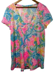 Lilly Pulitzer Etta V-Neck Top Short Sleeve Multi Sunshine State Of Mind Sz L - Picture 1 of 9