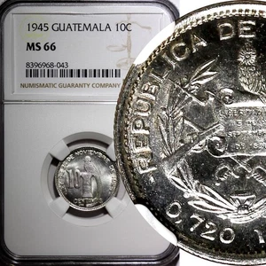 GUATEMALA Silver 1945 10 Centavos Guatemala City Mint NGC MS66 GEM BU KM# 239.1 - Picture 1 of 5
