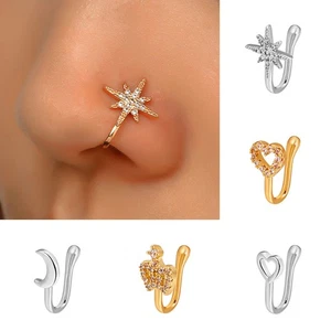 Clip-On Nose Nose Cuff Fake Piercing Nose Ring Nose Clips Star Crystal Ring Fake - Picture 1 of 29