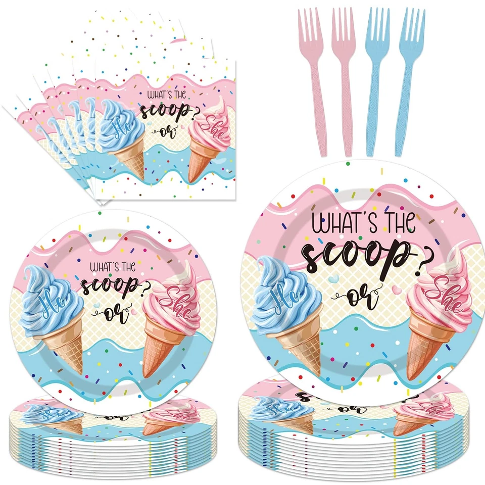 96PCS Whats The Scoop Plates and Napkins Party Supplies Whats The Scoop Gende... - Image 1 of 4