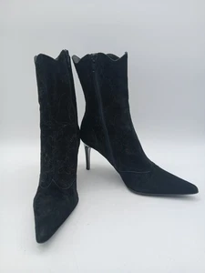 Roland Cartier Black Suede Embroidered Stiletto Heel Boots Size UK 6 - Picture 1 of 7