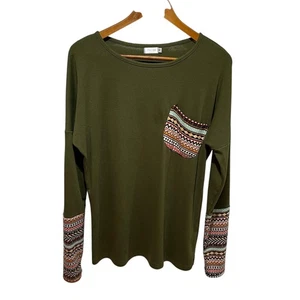 POGTMM Shirt Womens Medium Green Long Sleeve Aztec Pocket Boho Casual Top - Picture 1 of 3