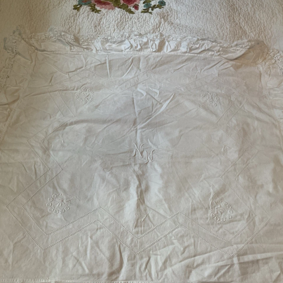 Delicate Intricate  Vintage French Hand Embroidered  Linen Sham 28x27 Mono MNNW - Image 1 of 4