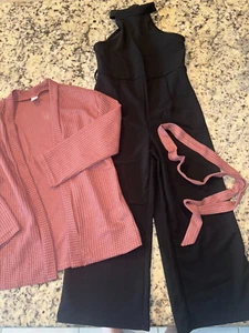 Girls Brand New NWT 3 Piece Cute Outfit ~ Black Jumpsuit, Pink Sweater, Belt - Picture 1 of 3