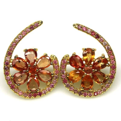 925 Sterling Silver Orange - Pink Sapphire Earrings 18k Gold Plated - Image 1 of 4