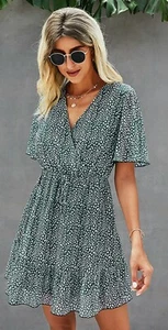 ECOWISH Womens Ruffle Dress V Neck Swing Summer Short Sleeve Floral Sundress Lg - Picture 1 of 5