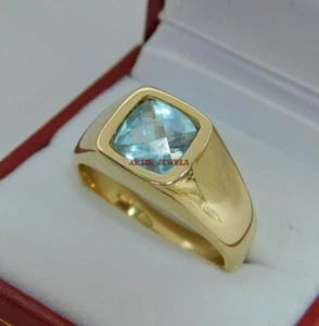 Naturel Bleu Gemme Topaze Avec 14K Argent Plaqué Or Bague pour Hommes #358 - Photo 1/14
