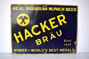 Vintage Hacker Brau Sign Porcelain Enamel Real Bavarian Munich Beer Advertising - Picture 1 of 6