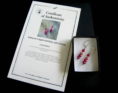 Preciosos Pendientes Perforados Uno Allá Volta Katherine Ágata y Rubí Jade Certificado de Autenticidad Foto 1 de 3