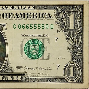 Super Trinary Fancy Serial Number One Dollar Bill G06655550D Four In A Row 5s - Picture 1 of 8