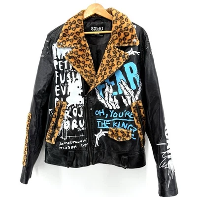 Chaqueta de Moto Rebel Minds PARA HOMBRES "S" USADA Graffiti Imitación Cuero Cuello Leopardo Foto 1 de 4