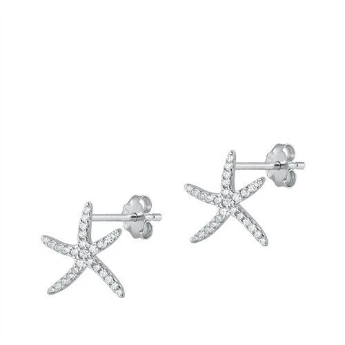 Starfish Stud Earrings Genuine Sterling Silver 925 Rhodium Plated Clear 13 mm Foto 1 de 1