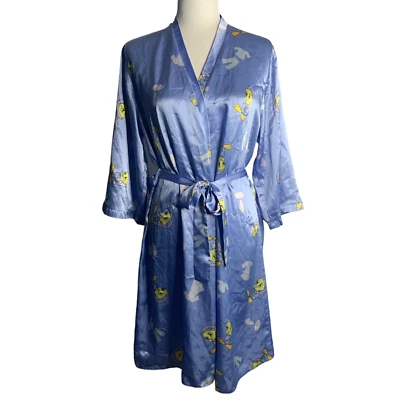 Vintage 90s Looney Tunes Tweet Bird Robe S Blue Silky Satin Tie Belt - Image 1 of 4