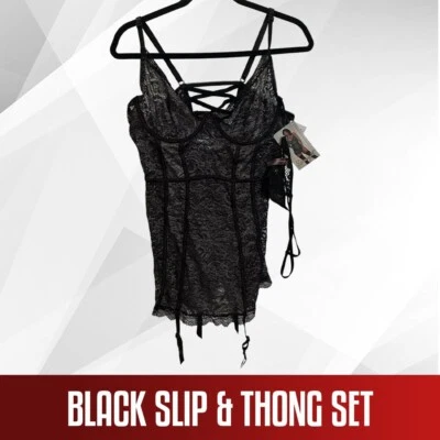 Dreamgirl Mujer Encaje Con Aros Liguero Slip & Tanga Conjunto Metálico Negro en Grande Foto 1 de 4