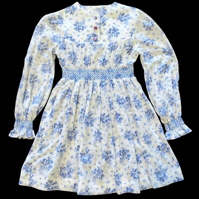 Cinderella Brand Dress Vintage 80s Blue White Toile Floral Long Sleeve Girl's 8 - Image 1 of 4