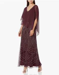 J Kara Damen Caplet V-Ausschnitt Mock 2 Stück Perlen Kleid (Weinrot, 8) - Bild 1 von 3