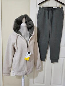 Member's Mark 2 Pc. Tracksuit Sherpa Lined Oatmeal/Green Jacket & Joggers Sz. M - Picture 1 of 24