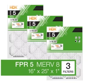 16x 25 x 1 HDX MERV 8 FPR 5 Standard Pleated Furnace Air Filter, 3-Pack - Picture 1 of 7