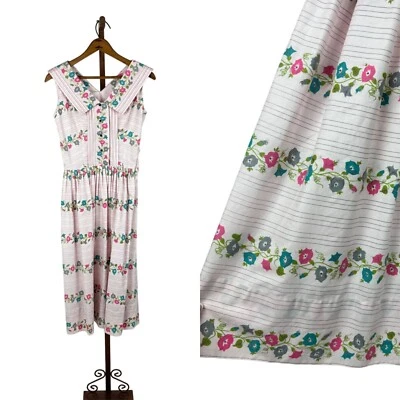 Vintage 1950s Pink Dress Women's Extra Small Floral Stripe Print Fit & Flare Sun - Image 1 of 4