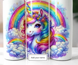 Personalisierter dünner Becher Regenbogen Einhorn 20 Unzen Kinder Erwachsene Schulanfang - Bild 1 von 5