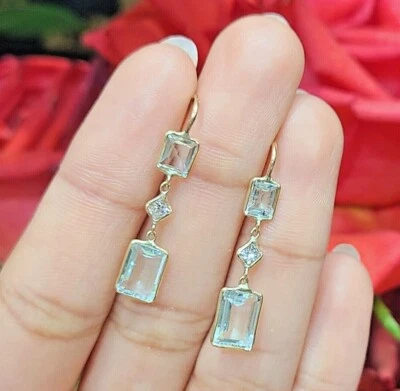 Elegant! 14K Yellow Gold Aquamarine & Diamond Dangling Earring 1.1"  - Image 1 of 4