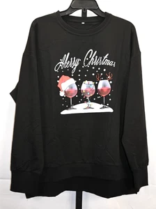 Feliz Navidad Copas de Vino Negro Pullover Sudadera Cremallera Talla L Nuevo sin Etiquetas - Imagen 1 de 6