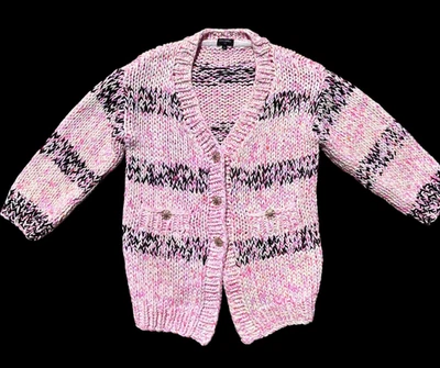 Cárdigan Suéter Chaqueta CHANEL Grueso Tejido con Cable Algodón Rosa Negro Talla 36 L XL Foto 1 de 4